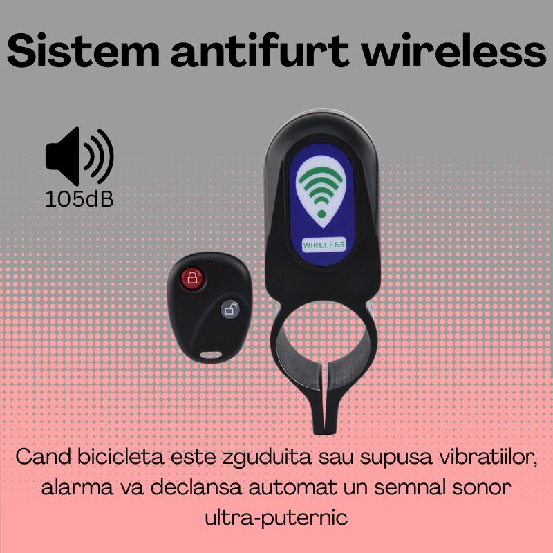Alarma wireless pentru bicicleta, Cu telecomanda, Negru