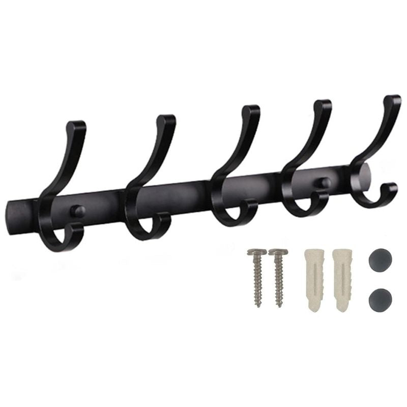 Cuier perete metalic negru 10 carlige, otel inoxidabil 44 cm, montaj cu suruburi