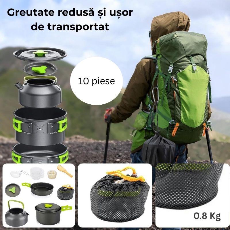 Set Vase de Gatit pentru Camping, 10 Piese, Aluminiu/Inox, Negru - Oala, Tigaie, Ibric, Capace, Ustensile, Husa Inclusa