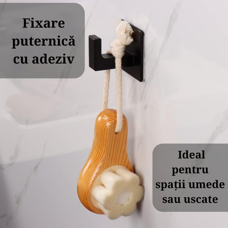 Set 4 Cuiere Autoadezive Otel Inoxidabil, Fara Gaurire, Rezistente la Apa si Rugina, Montaj Usor, Pentru Baie, Bucatarie, Usa, Negru 4.5x4.5 cm