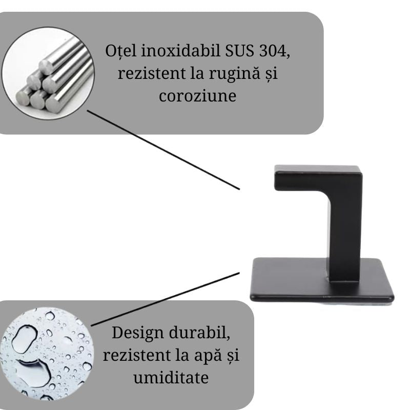 Set 4 Cuiere Autoadezive Otel Inoxidabil, Fara Gaurire, Rezistente la Apa si Rugina, Montaj Usor, Pentru Baie, Bucatarie, Usa, Negru 4.5x4.5 cm
