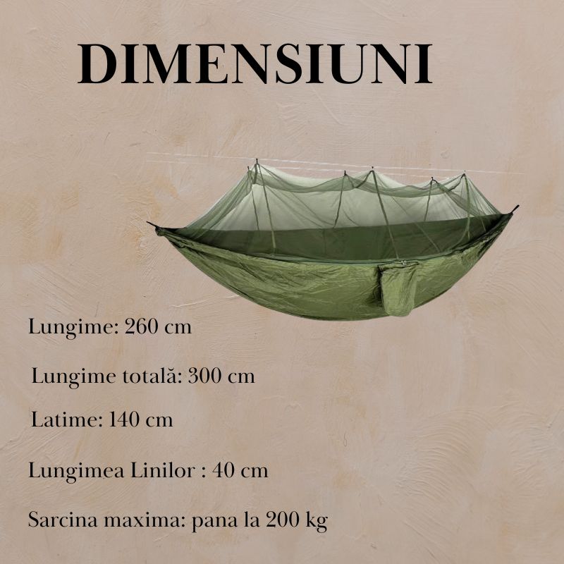 Hamac cu plasa tantari, 260x140 cm, antirasturnare, camping si gradina, sarcina 200kg,verde, cu accesorii montaj , usor si compact