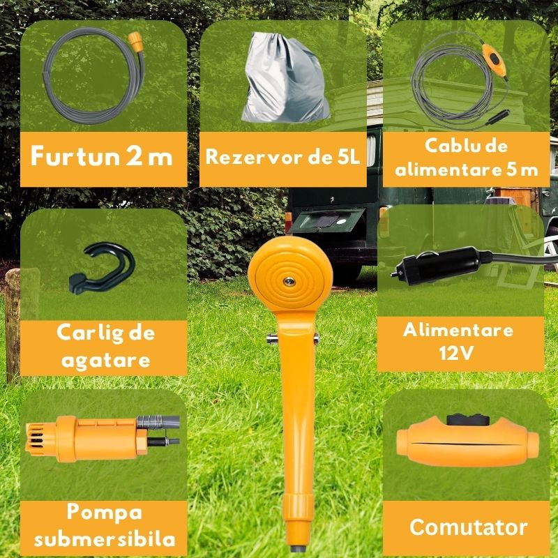 Set dus auto portabil pentru camping 12V, cu pompa submersibila, cablu alimentare 5M, sac 5L