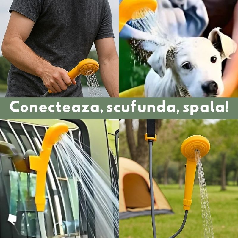 Set dus auto portabil pentru camping 12V, cu pompa submersibila, cablu alimentare 5M, sac 5L