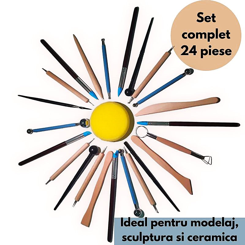 Set 24 unelte modelare ceramica si lut, set scule sculptura lut, accesorii modelaj lut, unelte lemn plastic burete ceramic, kit complet pentru hobby handmade