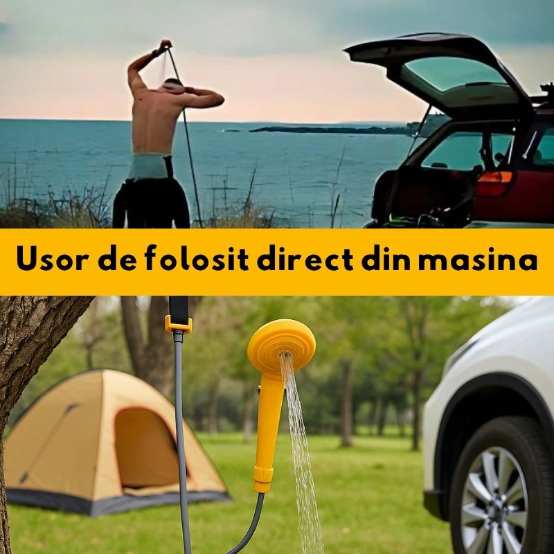 Set dus auto portabil pentru camping 12V, cu pompa submersibila, cablu alimentare 5M, sac 5L