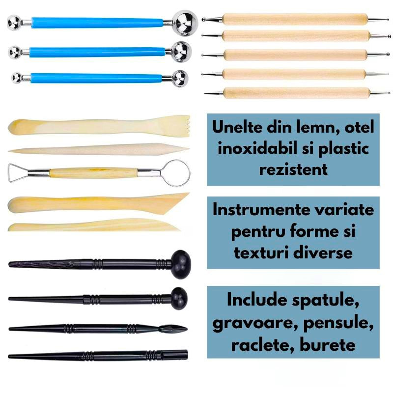 Set 24 unelte modelare ceramica si lut, set scule sculptura lut, accesorii modelaj lut, unelte lemn plastic burete ceramic, kit complet pentru hobby handmade