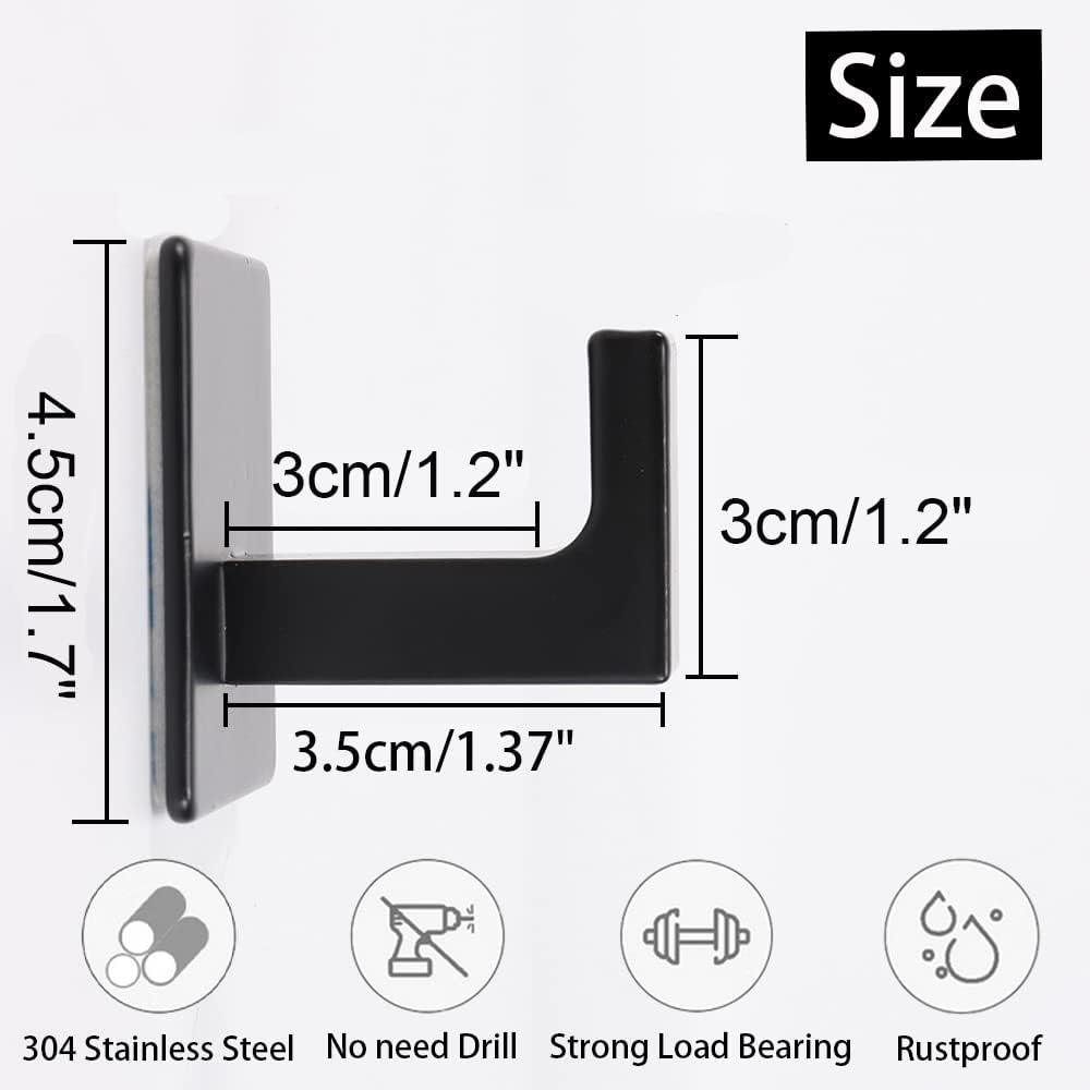 Set 4 Cuiere Autoadezive Otel Inoxidabil, Fara Gaurire, Rezistente la Apa si Rugina, Montaj Usor, Pentru Baie, Bucatarie, Usa, Negru 4.5x4.5 cm