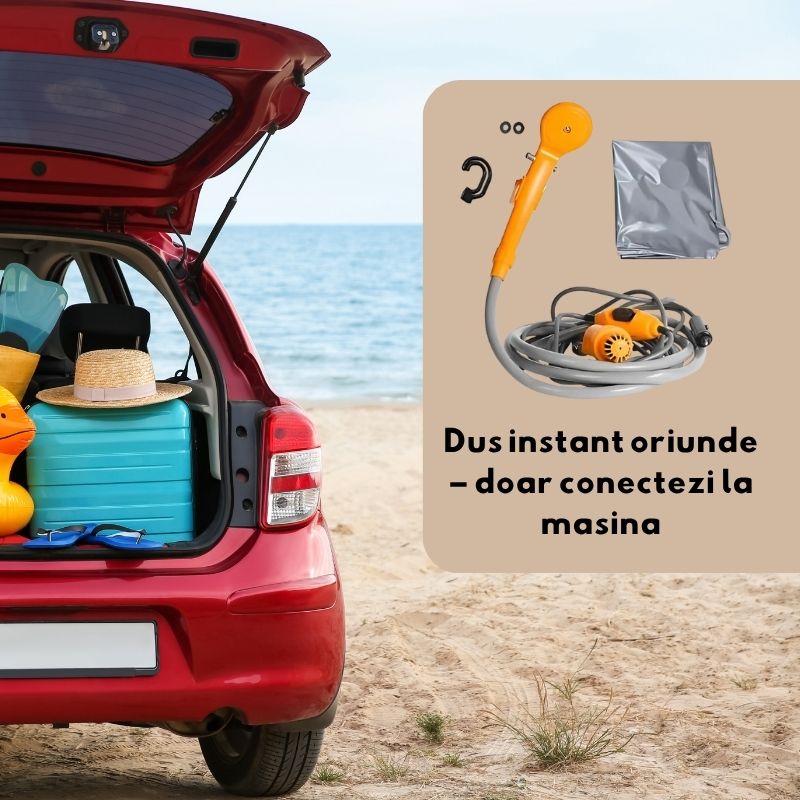 Set dus auto portabil pentru camping 12V, cu pompa submersibila, cablu alimentare 5M, sac 5L