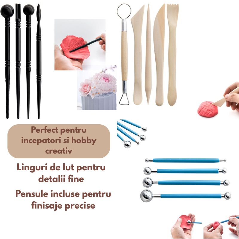 Set 24 unelte modelare ceramica si lut, set scule sculptura lut, accesorii modelaj lut, unelte lemn plastic burete ceramic, kit complet pentru hobby handmade