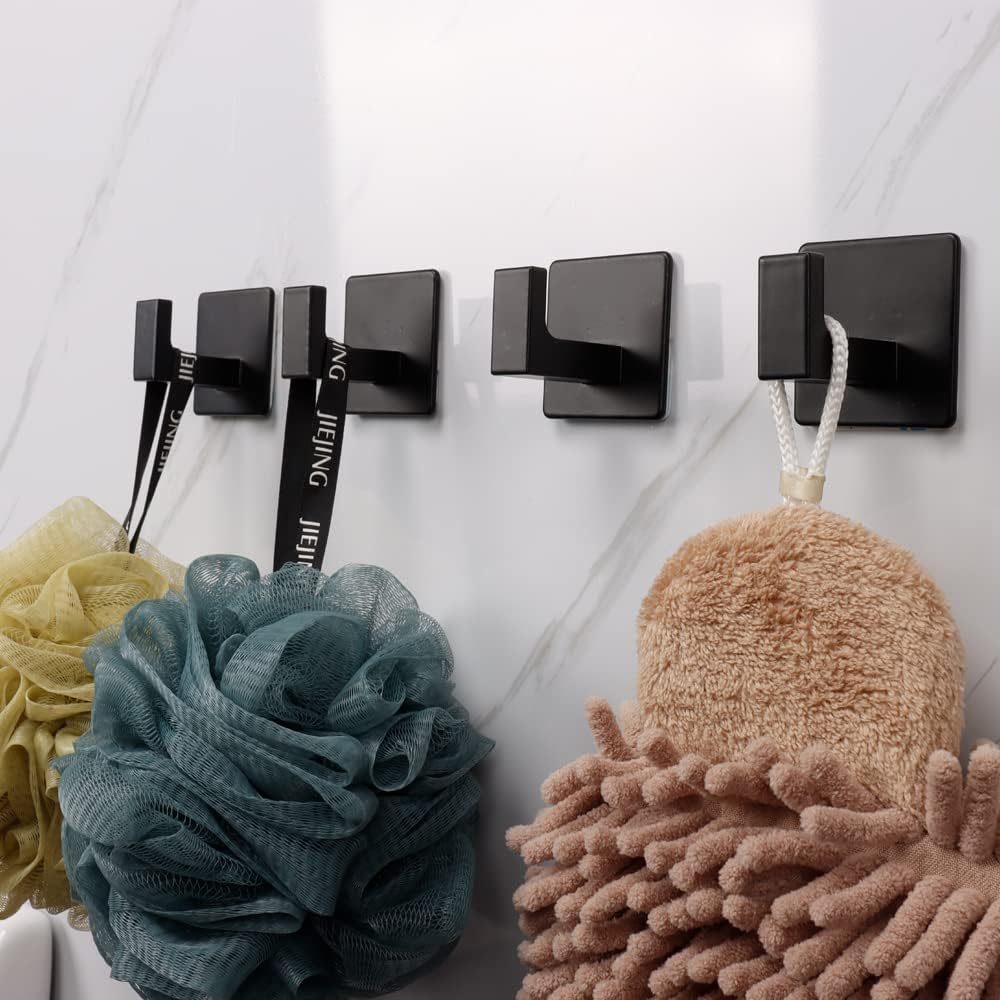 Set 4 Cuiere Autoadezive Otel Inoxidabil, Fara Gaurire, Rezistente la Apa si Rugina, Montaj Usor, Pentru Baie, Bucatarie, Usa, Negru 4.5x4.5 cm