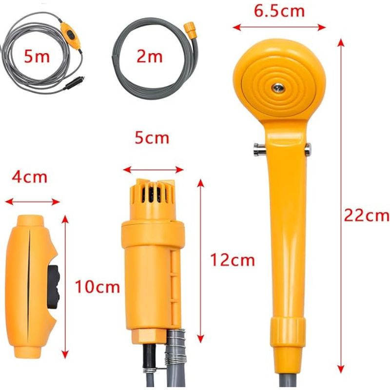 Set dus auto portabil pentru camping 12V, cu pompa submersibila, cablu alimentare 5M, sac 5L