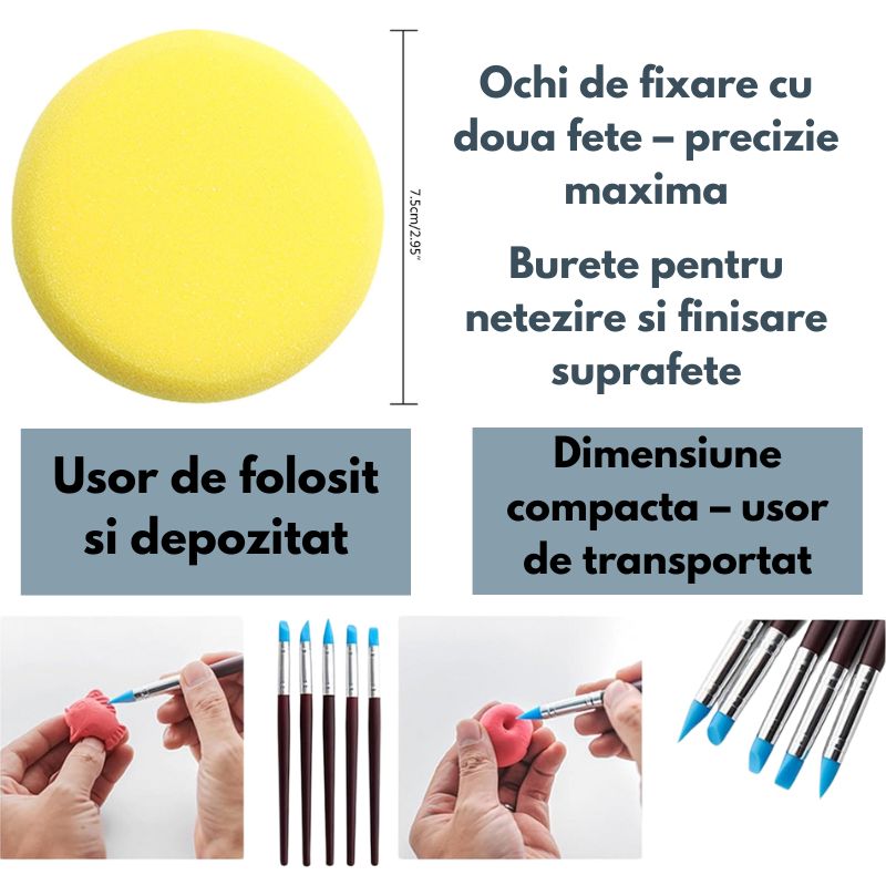 Set 24 unelte modelare ceramica si lut, set scule sculptura lut, accesorii modelaj lut, unelte lemn plastic burete ceramic, kit complet pentru hobby handmade