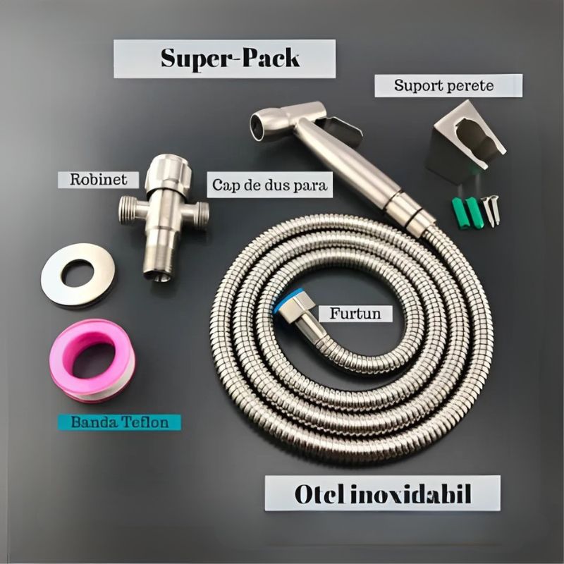 Cap Dus cu Functie Bideu, Cap T, cu Furtun Protectie Metal 1.43 m, Sistem Agatare, Mufa Racord si Accesorii