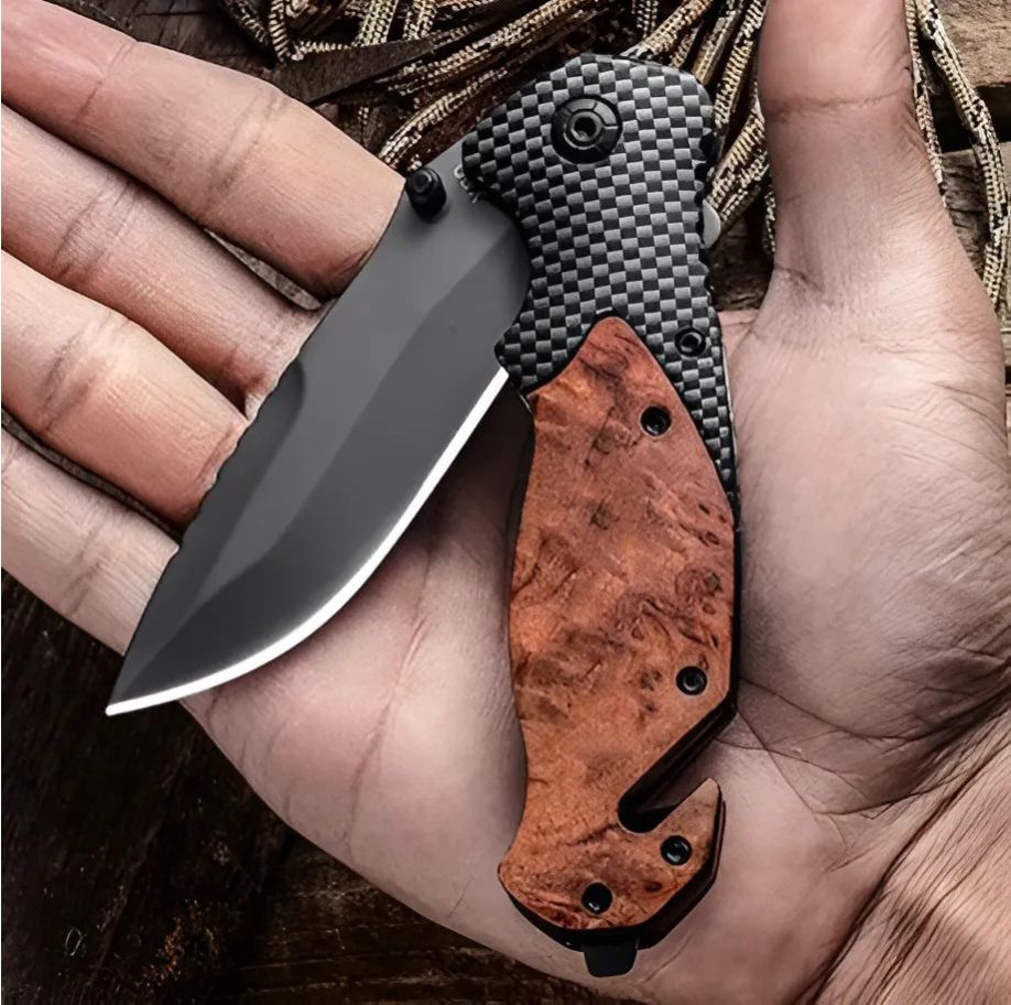 Cutit pliabil tip briceag 21 cm, lama otel calit, maner lemn maslin, cutter centura, spargator sticla, camping, vanatoare, supravietuire, bushcraft