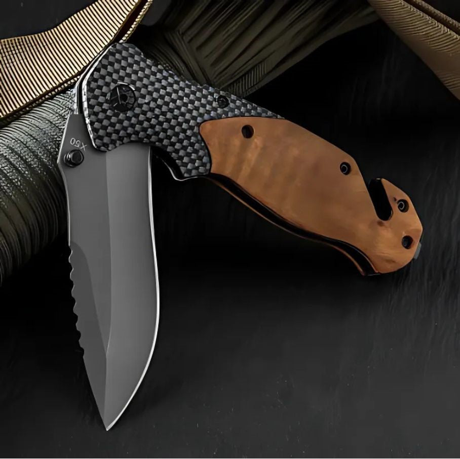 Cutit pliabil tip briceag 21 cm, lama otel calit, maner lemn maslin, cutter centura, spargator sticla, camping, vanatoare, supravietuire, bushcraft