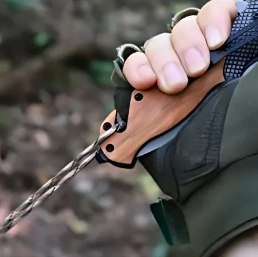 Cutit pliabil tip briceag 21 cm, lama otel calit, maner lemn maslin, cutter centura, spargator sticla, camping, vanatoare, supravietuire, bushcraft
