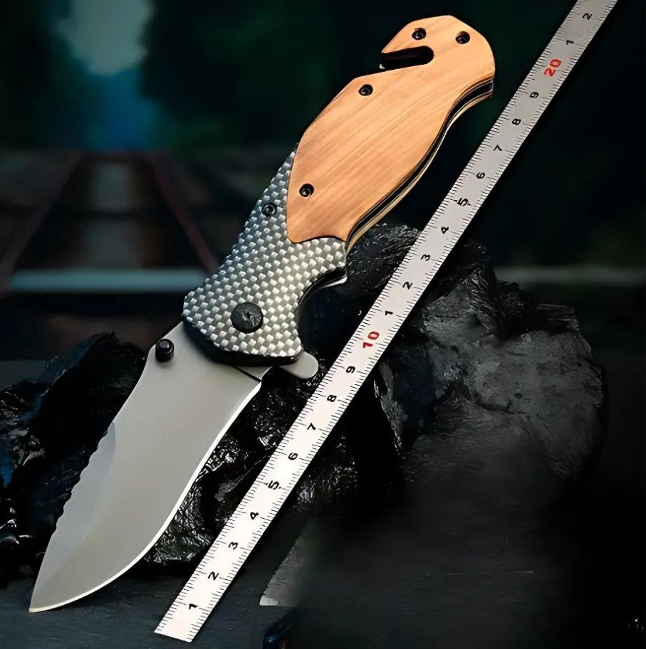 Cutit pliabil tip briceag 21 cm, lama otel calit, maner lemn maslin, cutter centura, spargator sticla, camping, vanatoare, supravietuire, bushcraft