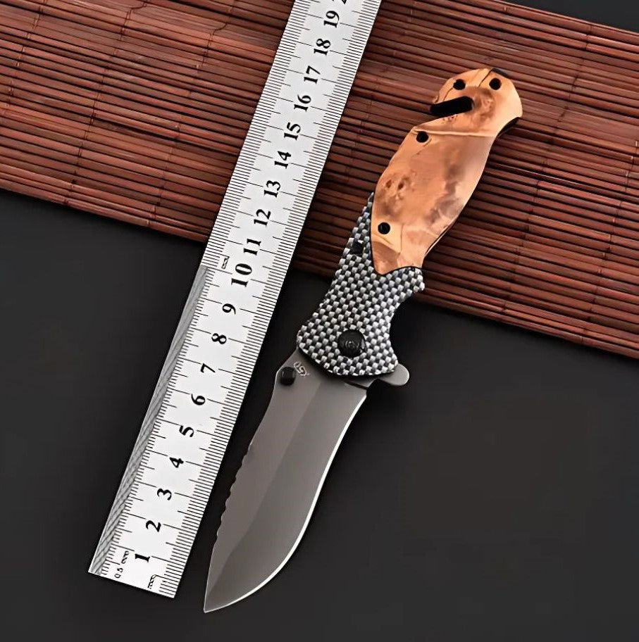 Cutit pliabil tip briceag 21 cm, lama otel calit, maner lemn maslin, cutter centura, spargator sticla, camping, vanatoare, supravietuire, bushcraft