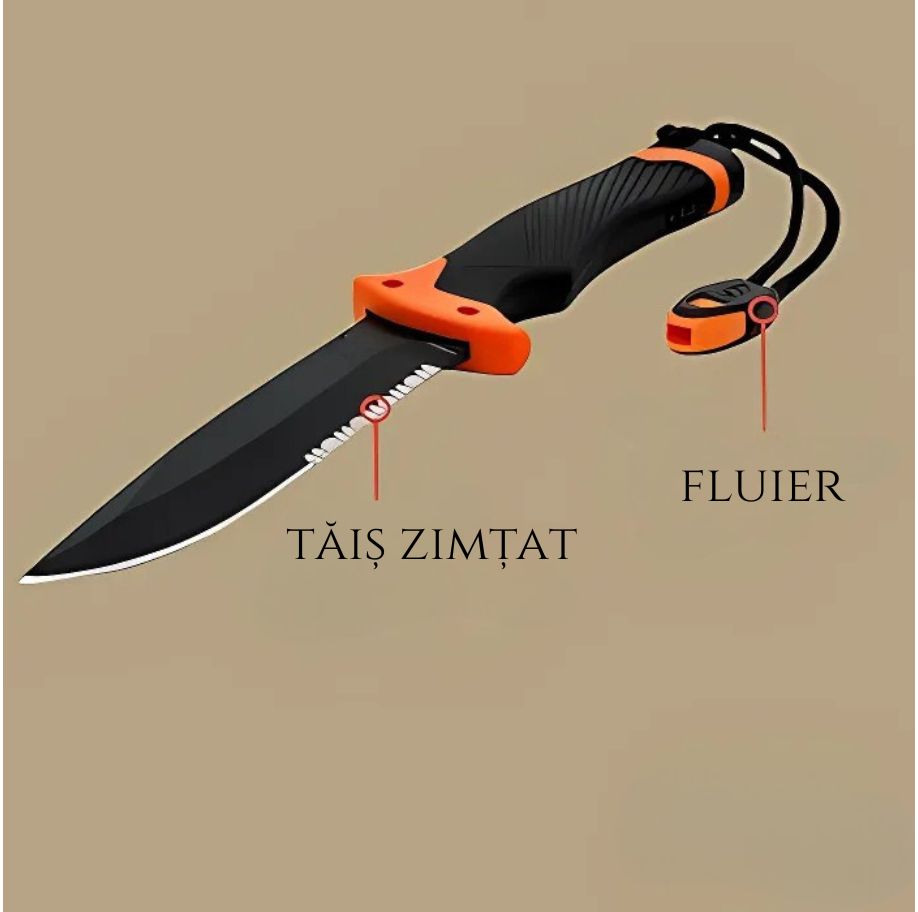 Cutit supravietuire 25 cm, lama fixa otel inoxidabil, maner cauciuc antialunecare, teaca + husa, iasca, fluier, ascutitor, gri mat