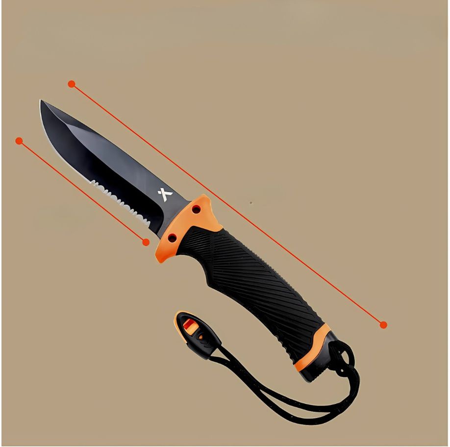 Cutit supravietuire 25 cm, lama fixa otel inoxidabil, maner cauciuc antialunecare, teaca + husa, iasca, fluier, ascutitor, gri mat