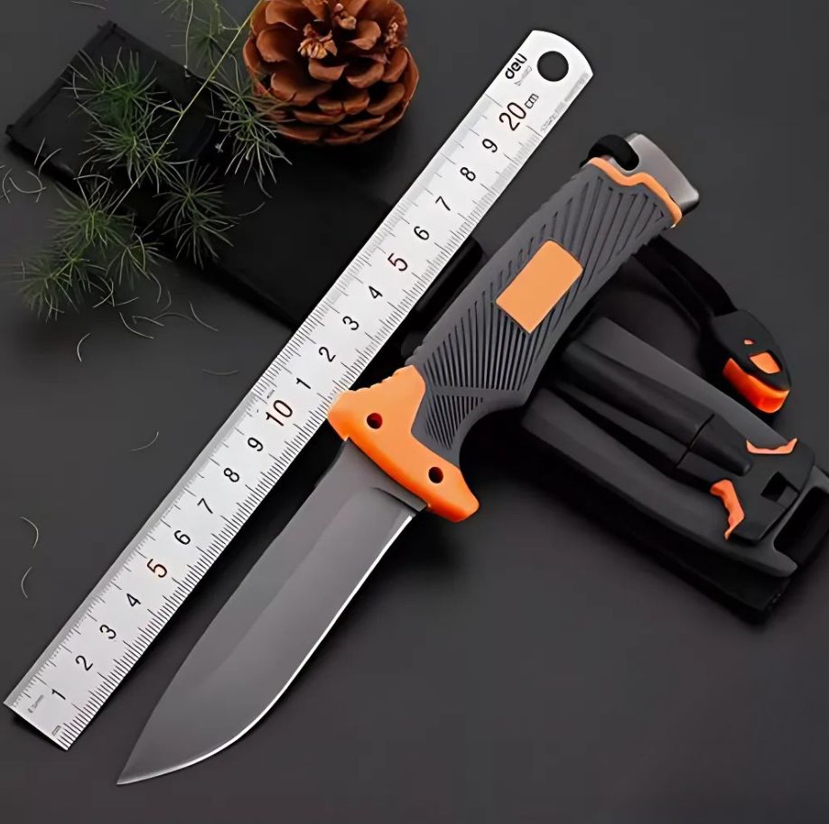 Cutit supravietuire 25 cm, lama fixa otel inoxidabil, maner cauciuc antialunecare, teaca + husa, iasca, fluier, ascutitor, gri mat
