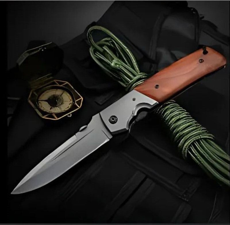 Cutit de Supravietuire, Tip Briceag, Placat Cu Titan, Blocare Tip Liner, 58 HRC, Rotita De Strangere, Bolt De Blocare, Agatatoare de Buzunar, Gri/Maro, 28 cm