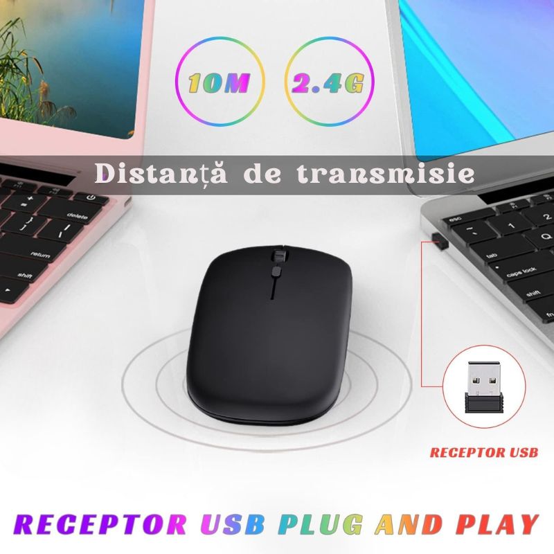 Mouse optic wireless cu iluminare LED RGB, negru, USB si Bluetooth, 3 trepte DPI, baterie reincarcabila, plug & play, compatibil PC si laptop