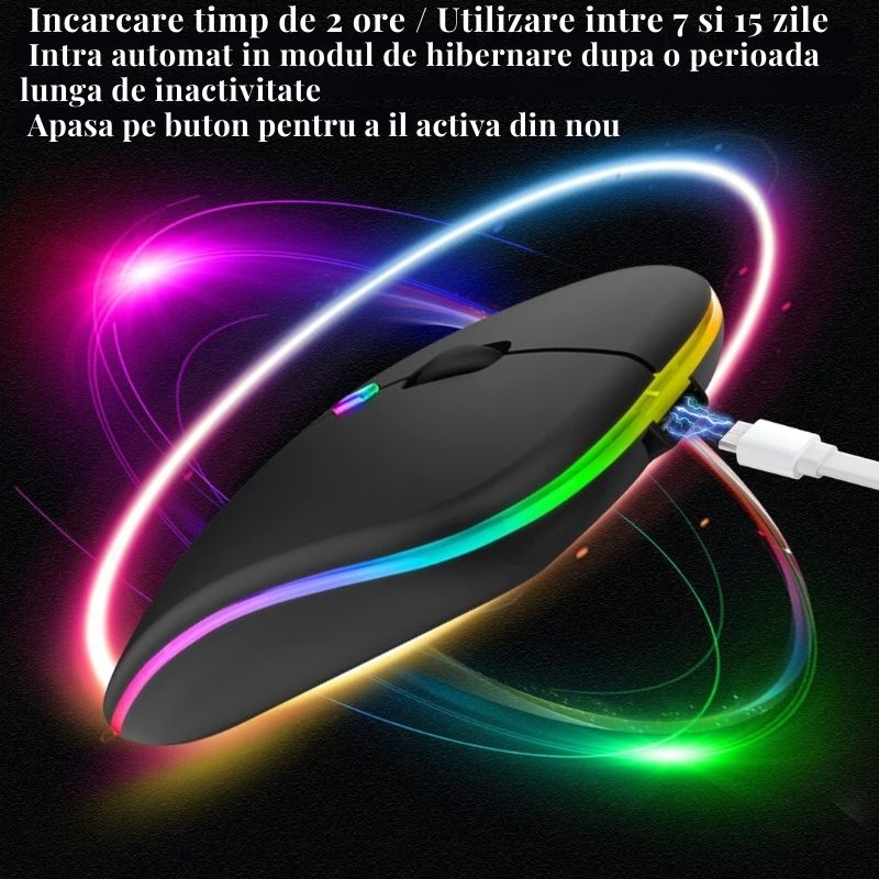 Mouse optic wireless cu iluminare LED RGB, negru, USB si Bluetooth, 3 trepte DPI, baterie reincarcabila, plug & play, compatibil PC si laptop