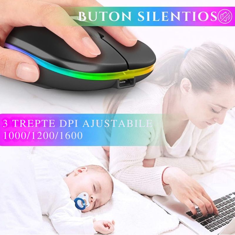 Mouse optic wireless cu iluminare LED RGB, negru, USB si Bluetooth, 3 trepte DPI, baterie reincarcabila, plug & play, compatibil PC si laptop