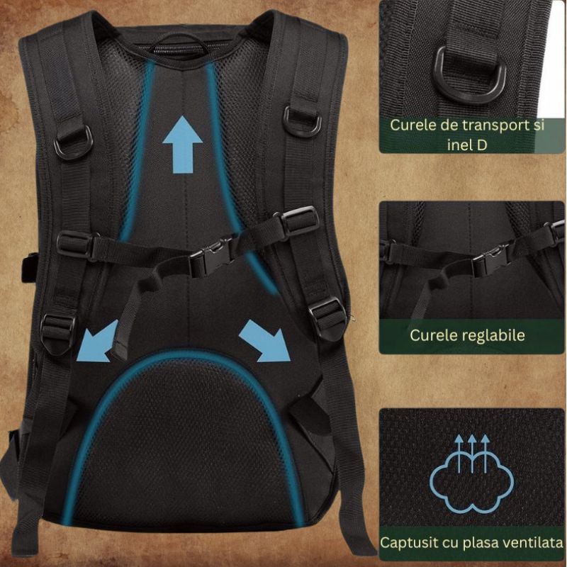 Rucsac Militar Impermeabil 60L Reglabil cu Sistem MOLLE si Buzunar Laptop, Ideal pentru Drumetii,Supravietuire, Camping, Negru