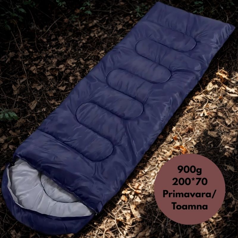 Sac de dormit tip mumie, 2 sezoane, Rezistent la frig si apa, ideal pentru camping, drumetii si calatorii, gluga cu cordon, greutate redusa si usor de transportat, 200 cm, Albastru/Gri