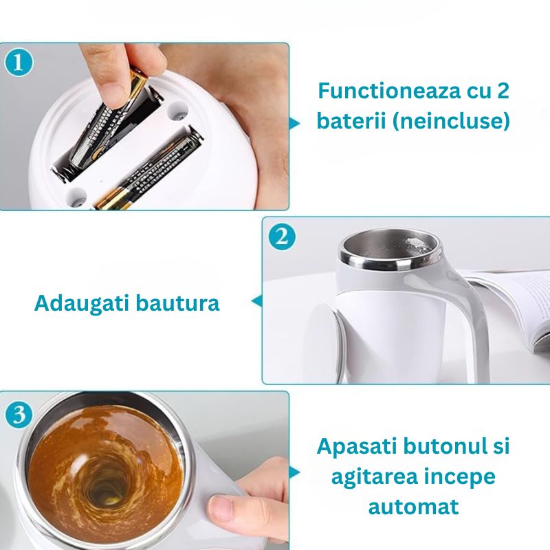 Cana Electrica Cu Auto Amestecare, Mixer Magnetic Cafea, Inox, Termos, USB, 380ml, Alb-Gri