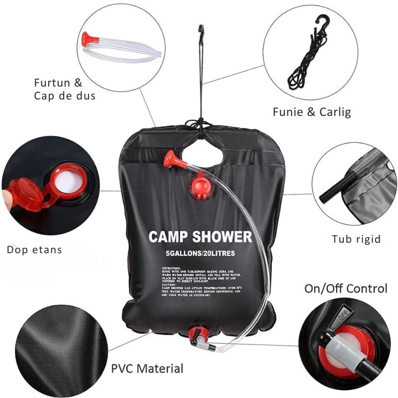 Dus Portabil cu Incalzire Solara - pentru Camping, Furtun cu Robinet, 20L, Inchidere Etansa, Maner pentru Agatare, Negru