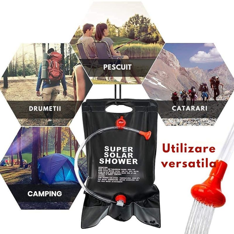 Dus Portabil cu Incalzire Solara - pentru Camping, Furtun cu Robinet, 20L, Inchidere Etansa, Maner pentru Agatare, Negru
