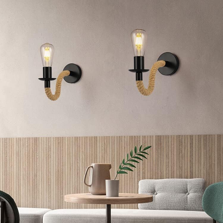 Lampa de perete decorativa cu brat din sfoara de iuta, prindere E27, rotatie 360 grade, montaj pe perete, alimentare la priza, design loft industrial