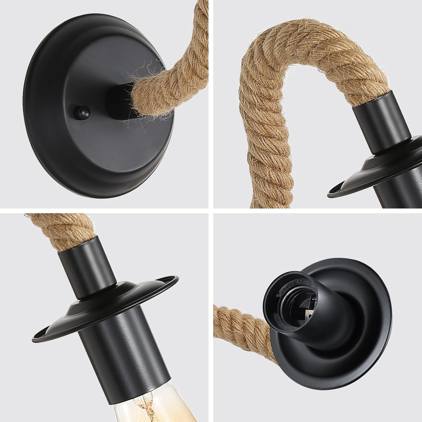 Lampa de perete decorativa cu brat din sfoara de iuta, prindere E27, rotatie 360 grade, montaj pe perete, alimentare la priza, design loft industrial