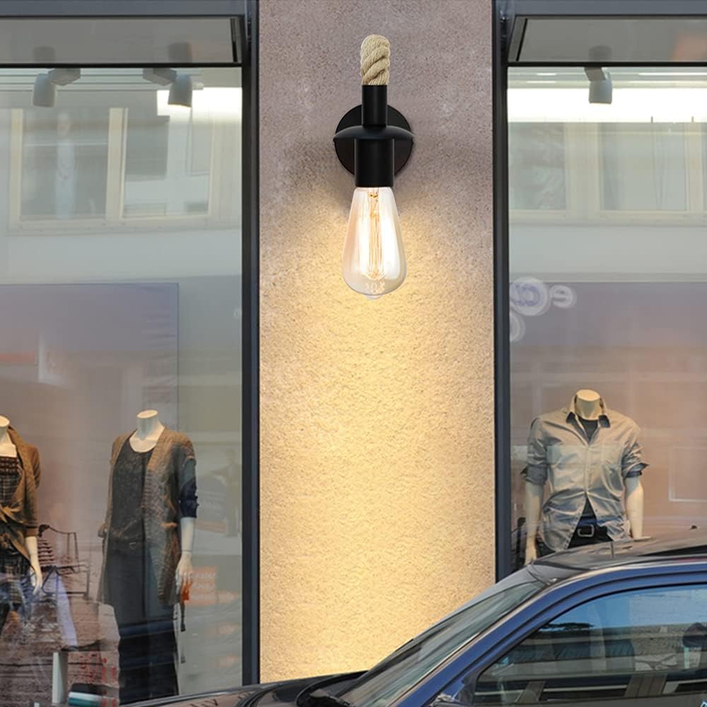 Lampa de perete decorativa cu brat din sfoara de iuta, prindere E27, rotatie 360 grade, montaj pe perete, alimentare la priza, design loft industrial