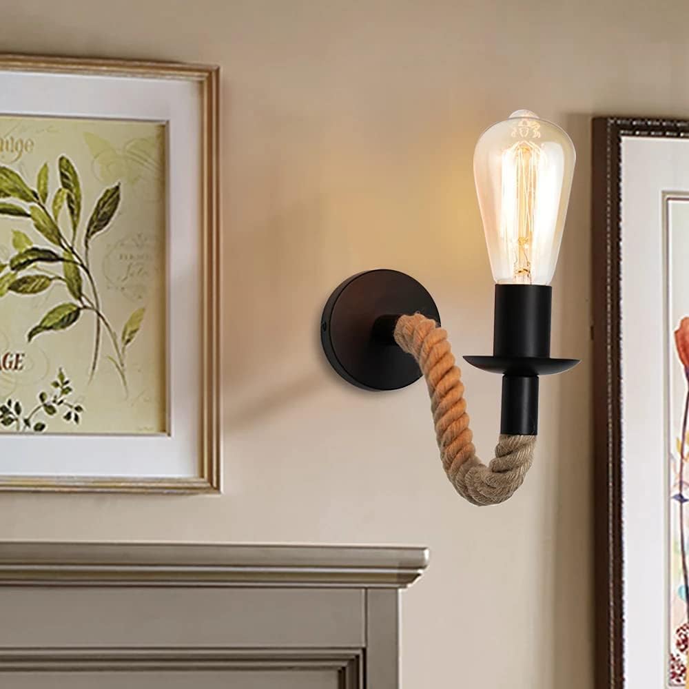 Lampa de perete decorativa cu brat din sfoara de iuta, prindere E27, rotatie 360 grade, montaj pe perete, alimentare la priza, design loft industrial