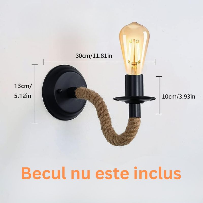 Lampa de perete decorativa cu brat din sfoara de iuta, prindere E27, rotatie 360 grade, montaj pe perete, alimentare la priza, design loft industrial