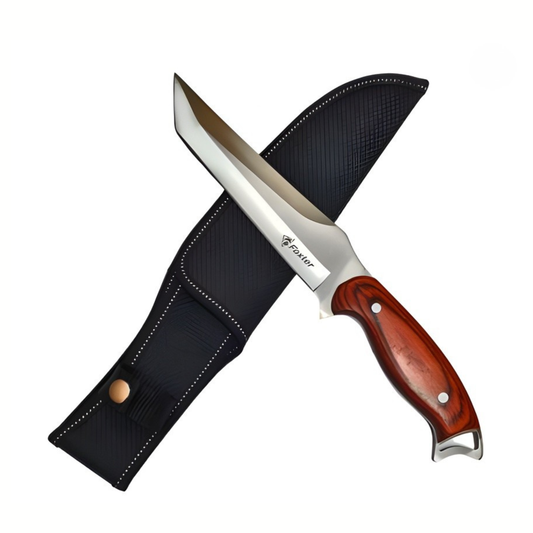 Cutit Outdoor Full Tang 30 cm Tip Tanto, Lama Fixa Inox, Maner Lemn si Otel, Husa Inclusa pentru Camping si Drumetii