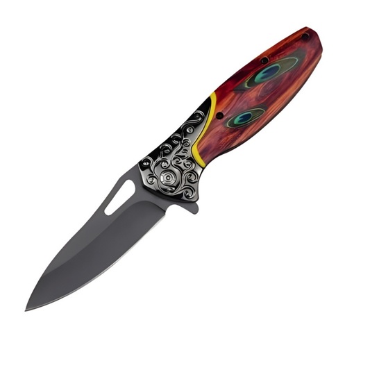 Cutit Pliabil Outdoor 20 cm, Lama Inox cu Blocare, Maner Metal si Lemn, Clip Curea, Cutit Multifunctional pentru Camping si Drumetii