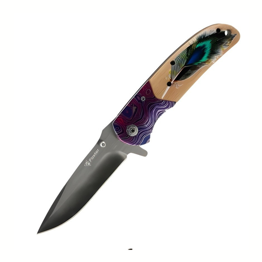 Cutit Pliabil Outdoor 22.5 cm, Lama Inox cu Blocare, Maner Metal Plastic Lemn, Clip Curea, Cutit Multifunctional pentru Camping si Drumetii