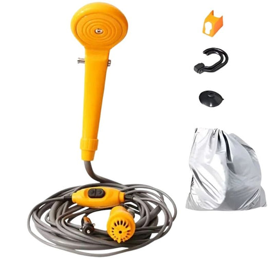 Set dus auto portabil pentru camping 12V, cu pompa submersibila, cablu alimentare 5M, sac 5L