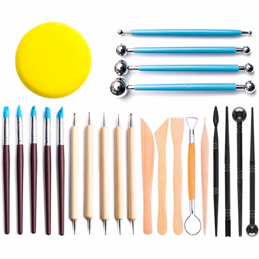 Set 24 unelte modelare ceramica si lut, set scule sculptura lut, accesorii modelaj lut, unelte lemn plastic burete ceramic, kit complet pentru hobby handmade