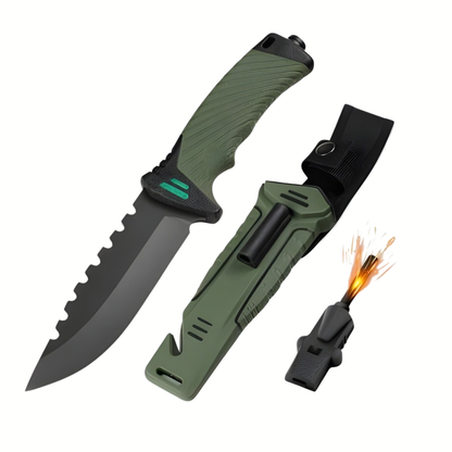 Cutit Outdoor Multifunctional 25 cm cu Husa, Lama Fixa Inox, Aprinzator Foc, Spargator Geam, Taietor Franghie, Cutit Camping si Bushcraft