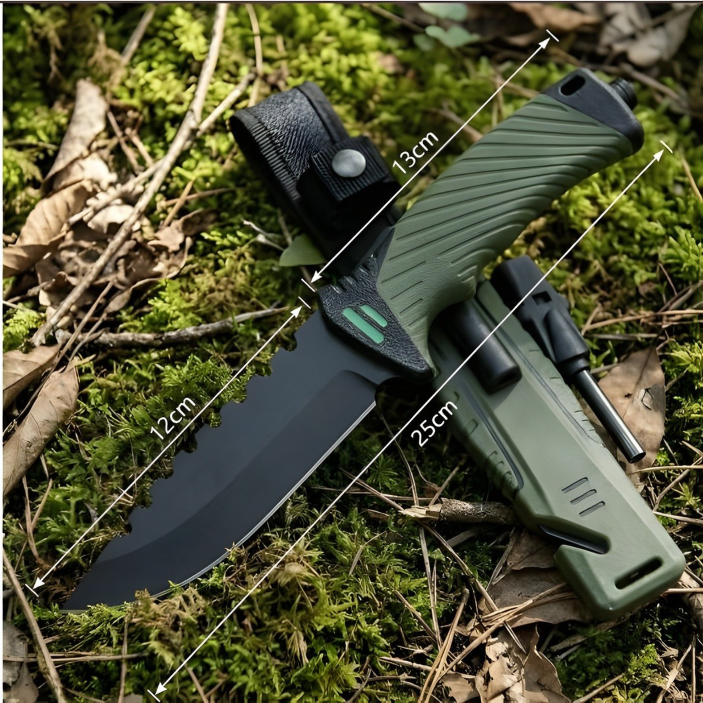 Cutit Outdoor Multifunctional 25 cm cu Husa, Lama Fixa Inox, Aprinzator Foc, Spargator Geam, Taietor Franghie, Cutit Camping si Bushcraft