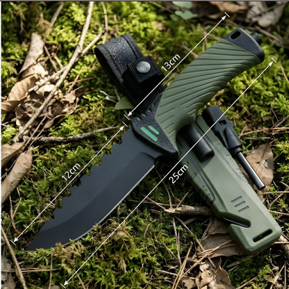 Cutit Outdoor Multifunctional 25 cm cu Husa, Lama Fixa Inox, Aprinzator Foc, Spargator Geam, Taietor Franghie, Cutit Camping si Bushcraft