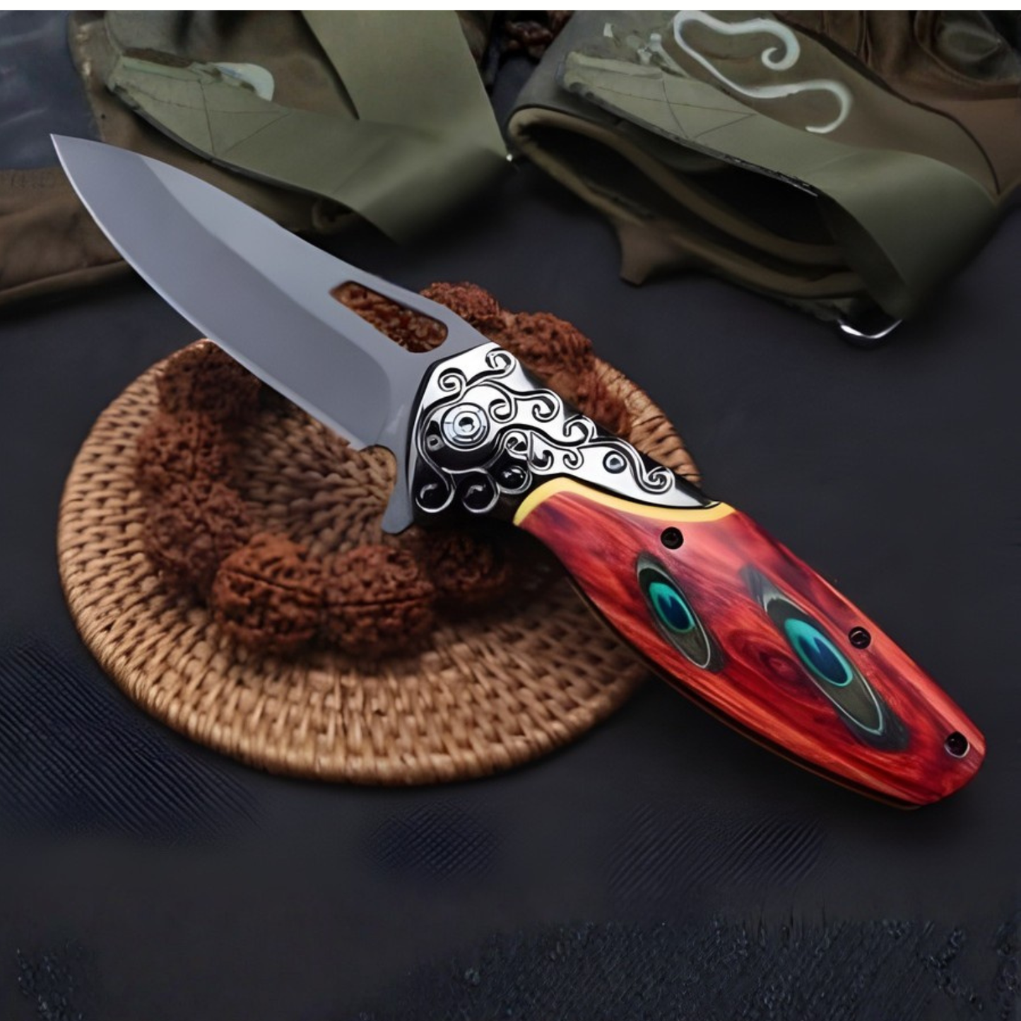 Cutit Pliabil Outdoor 20 cm, Lama Inox cu Blocare, Maner Metal si Lemn, Clip Curea, Cutit Multifunctional pentru Camping si Drumetii