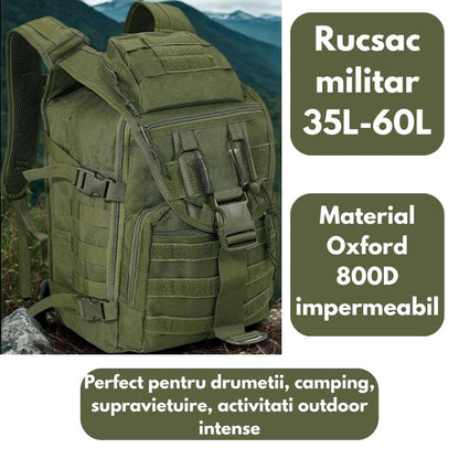 Rucsac militar impermeabil Foxter Tactical 60L verde cu buzunar laptop sistem MOLLE reglabil drumetii camping supravietuire trekking vanatoare pescuit hiking